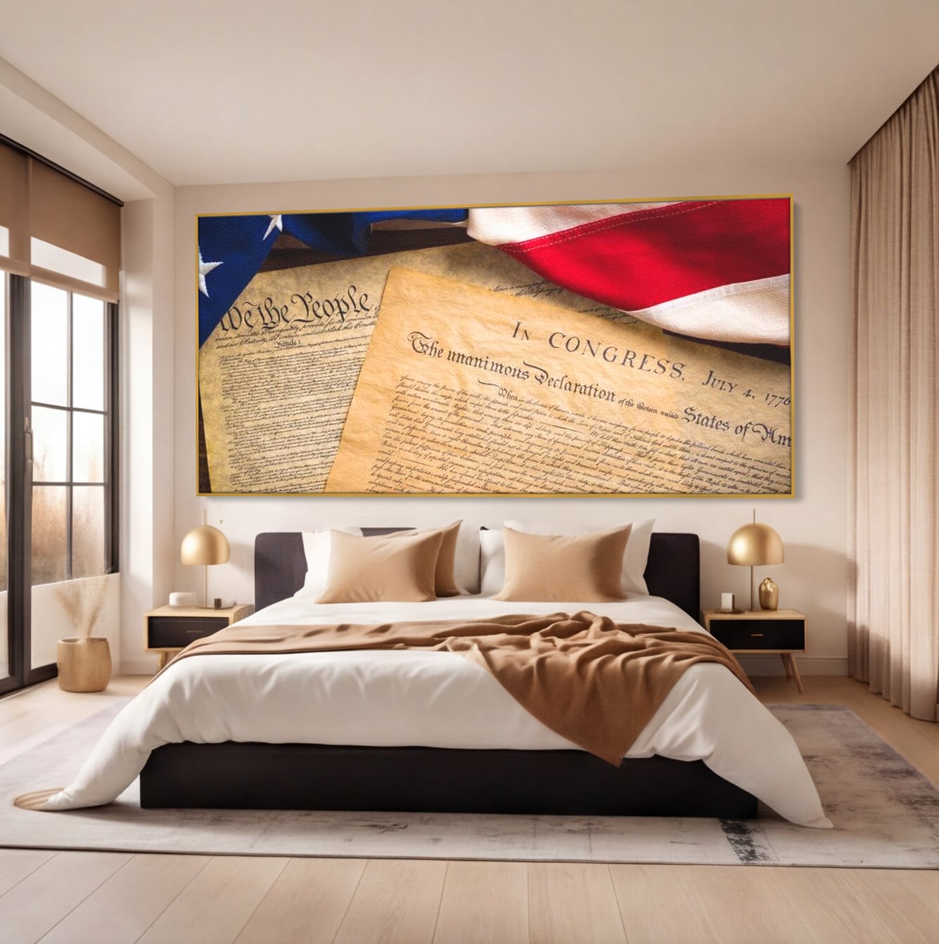 Tablou canvas cu tablou canvas cu steag si documente istorice, in rama de aluminiu auriu, pe perete intr-un dormitor
